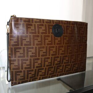 FENDI Zucca FF monogram glazed canvas flat plouch wristlet clutch